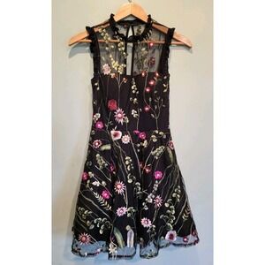 Y2K Black Mesh Multicolor Floral Embroidered Whimsigoth Fairygrunge Dress Sz 1